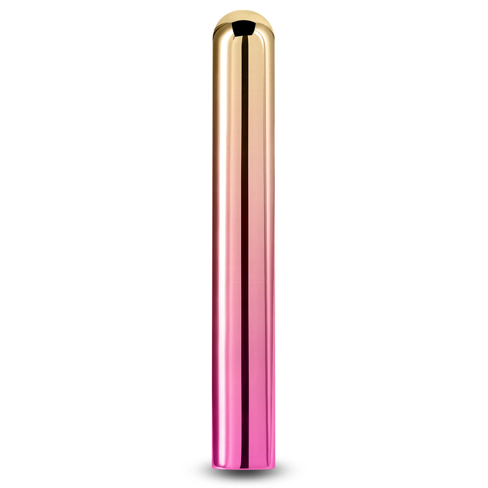 Chroma Rechargeable Metallic Straight Vibrator has a gorgeous metallic gradient that's compatible w/ all lubricant types & vibrates in x modes. Sunrise.