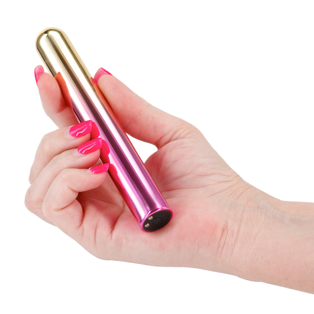 Chroma Rechargeable Metallic Straight Vibrator has a gorgeous metallic gradient that's compatible w/ all lubricant types & vibrates in x modes. Sunrise. On-hand.