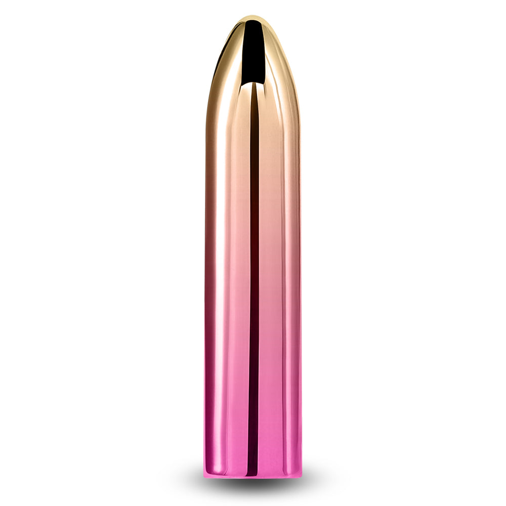 Chroma Rechargeable Tapered Metallic Mini Vibrator has x vibration settings in a tapered metallic body that's compatible w/ all lubricants. Sunrise.