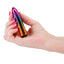 Chroma Rechargeable Tapered Metallic Mini Vibrator has x vibration settings in a tapered metallic body that's compatible w/ all lubricants. Rainbow. On-hand.