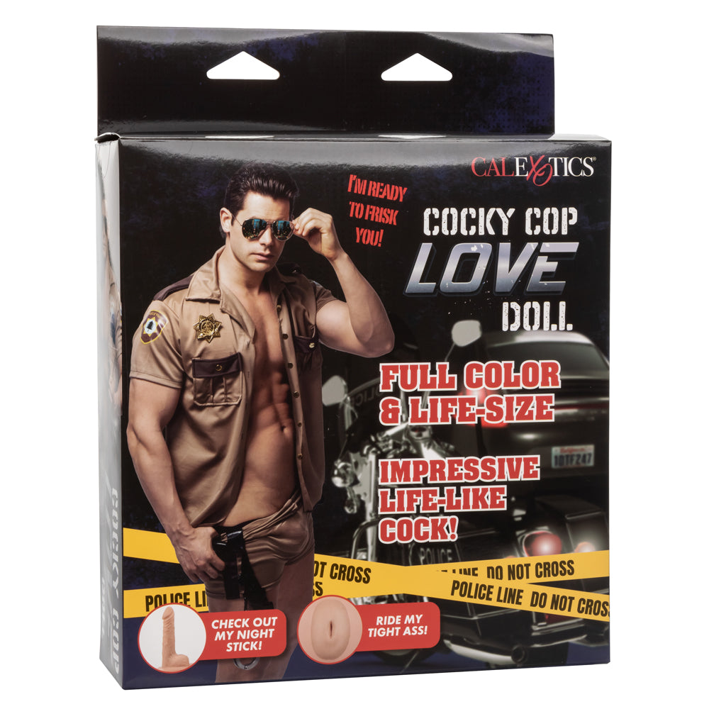 Cocky Cop Inflatable Male Police Officer Love Doll With Dildo comes w/ a veiny dildo attached & a usable anal tunnel to pervert the course of justice. Package.