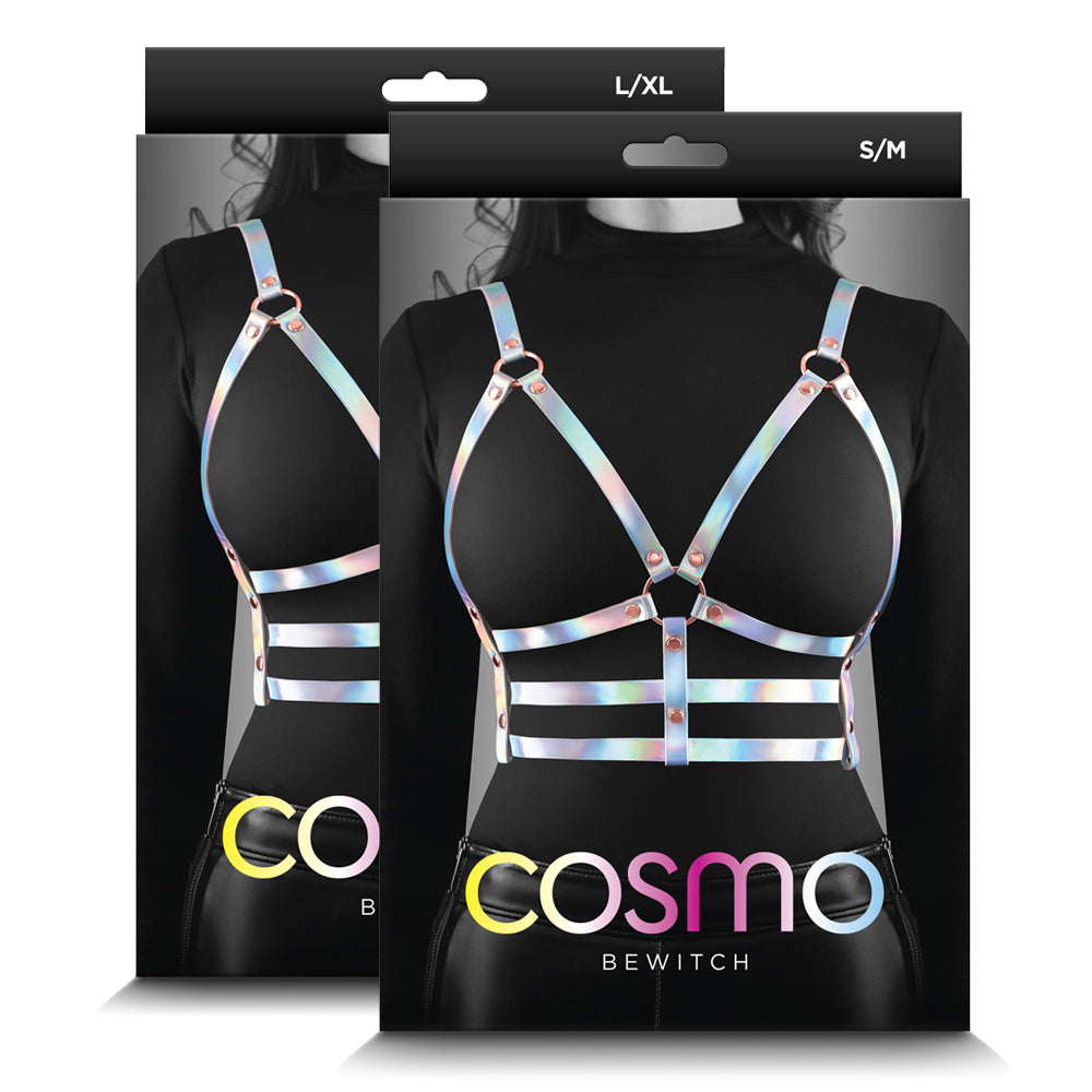Cosmo Bewitch Holographic Rainbow Strappy Chest Harness has a triple-strap waist design to emphasise your curves + rose gold O-rings to attach BDSM accessories. Packages.