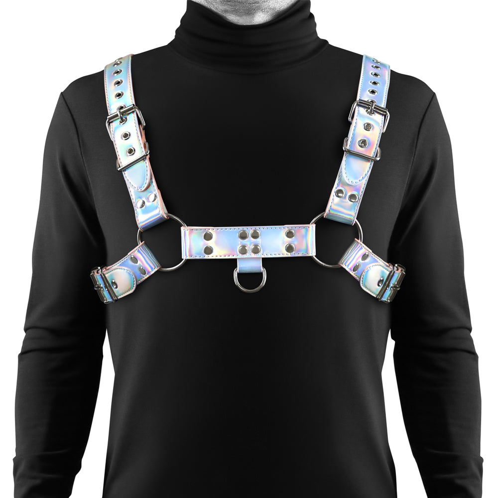 Cosmo Dare Holographic Rainbow Bulldog Chest Harness With D-Ring is great for parties, festivals + bright street looks & has a D-ring for attaching BDSM accessories.