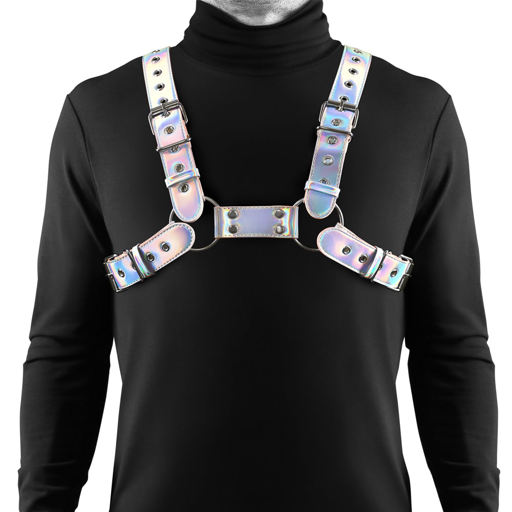 Cosmo Rogue Holographic Rainbow Bulldog Chest Harness is fabulous for parties, festivals + bright street looks & is vegan-friendly for everyone.
