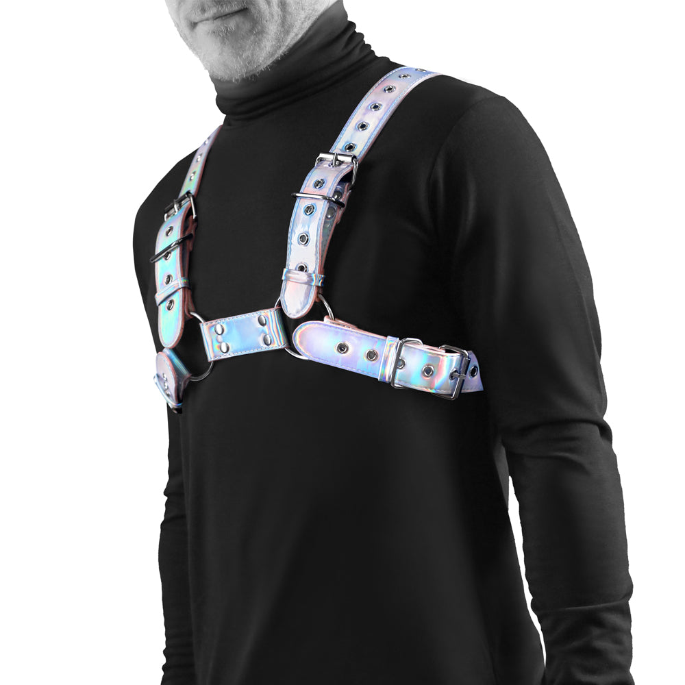 Cosmo Rogue Holographic Rainbow Bulldog Chest Harness is fabulous for parties, festivals + bright street looks & is vegan-friendly for everyone. (3)