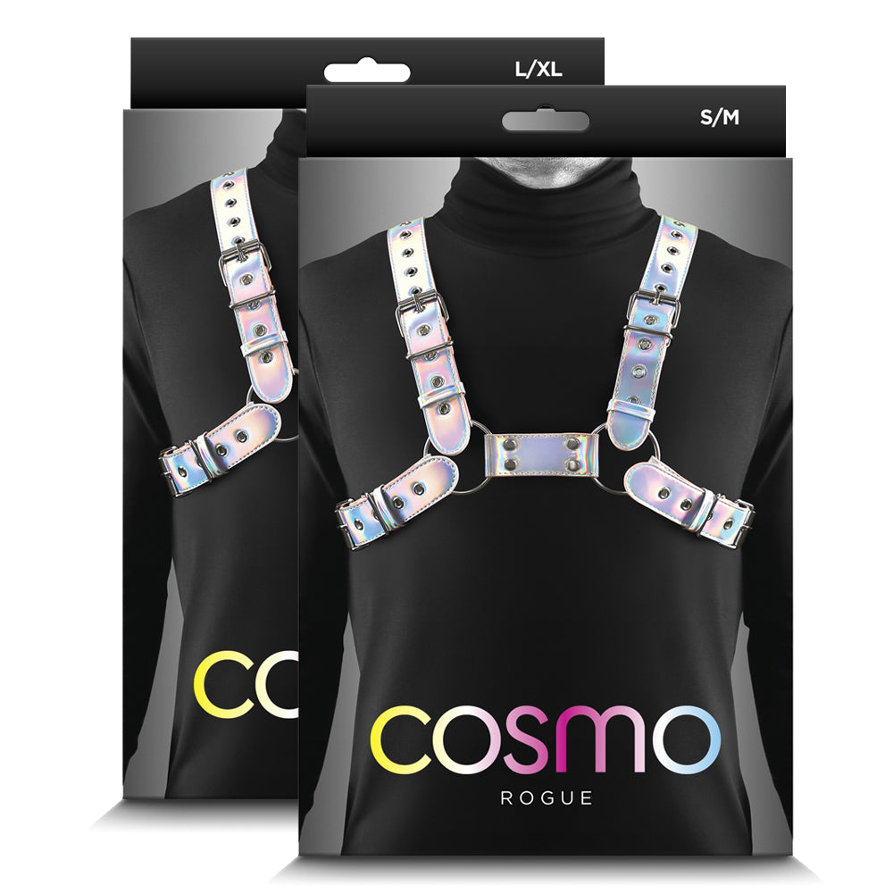 Cosmo Rogue Holographic Rainbow Bulldog Chest Harness is fabulous for parties, festivals + bright street looks & is vegan-friendly for everyone. Packages.