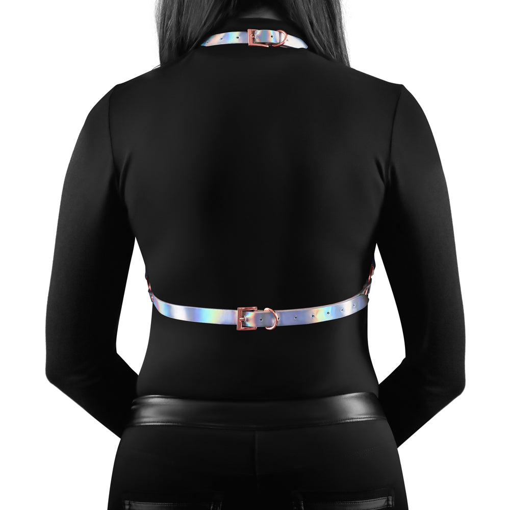 Cosmo Vamp Holographic Rainbow Halter Chest Harness is great for parties, festivals + bright streetwear & is adorned w/ rose gold O-rings for attaching BDSM accessories. (2)