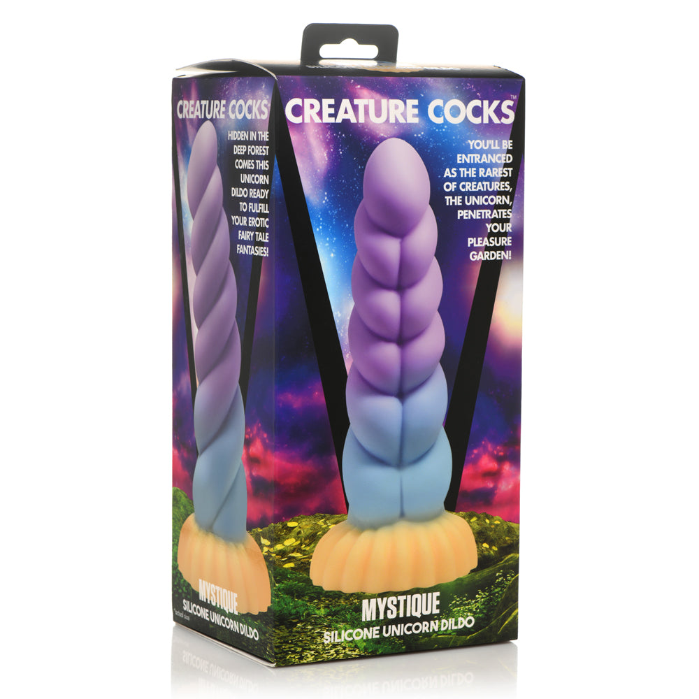 Creature Cocks Mystique Silicone Unicorn Horn Dildo will have you riding waves of magical pleasure as thick bulbous ridges rub against your inner walls. Package.