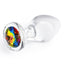 Crystal Desires Glass Butt Plug With Round Gem - Medium features a multicoloured circular gem base to make your butt look glamorous! Also retains heat + cold for temperature play.