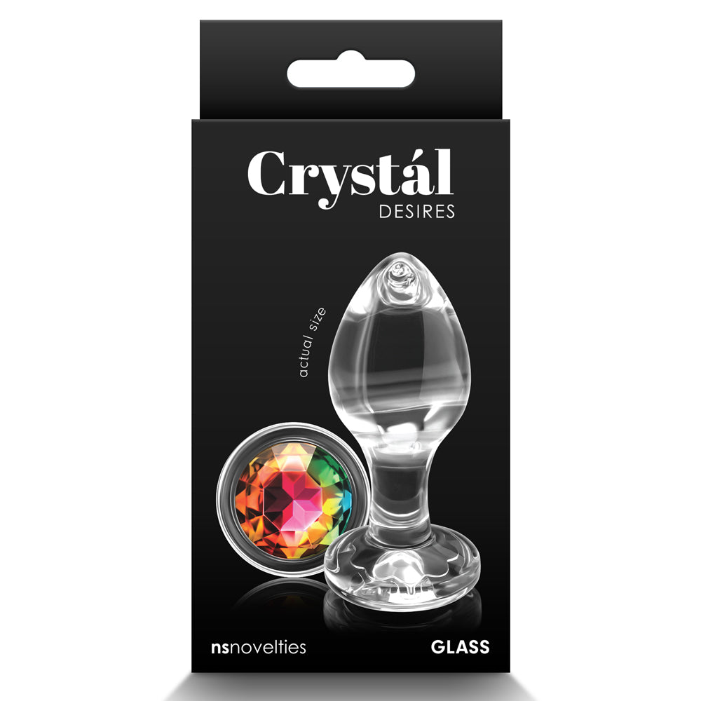 Crystal Desires Glass Butt Plug With Round Gem - Medium features a multicoloured circular gem base to make your butt look glamorous! Also retains heat + cold for temperature play. Package.