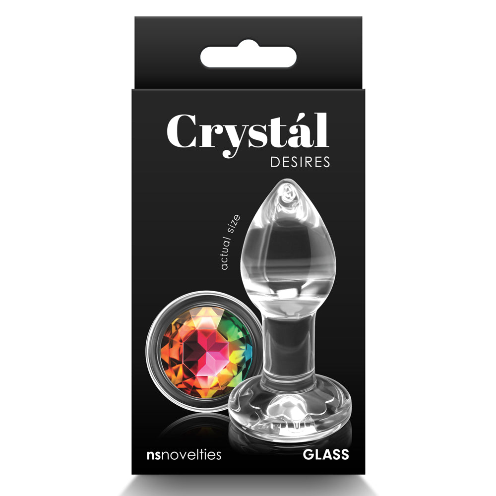  Crystal Desires Glass Butt Plug With Round Gem - Small has a rainbow circular gem base to make your butt look glamorous! Compatible w/ all lubricants & temperature play. Package.