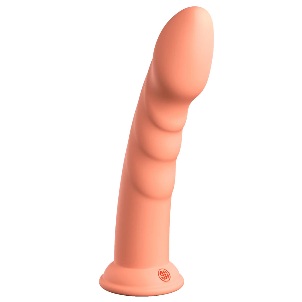 Dillio Super Eight 8" Ridged Platinum Cured Silicone Dildo has a ridged head for a satisfying pop upon insertion & similar ridges all the way down the shaft for more stimulation. Peach.