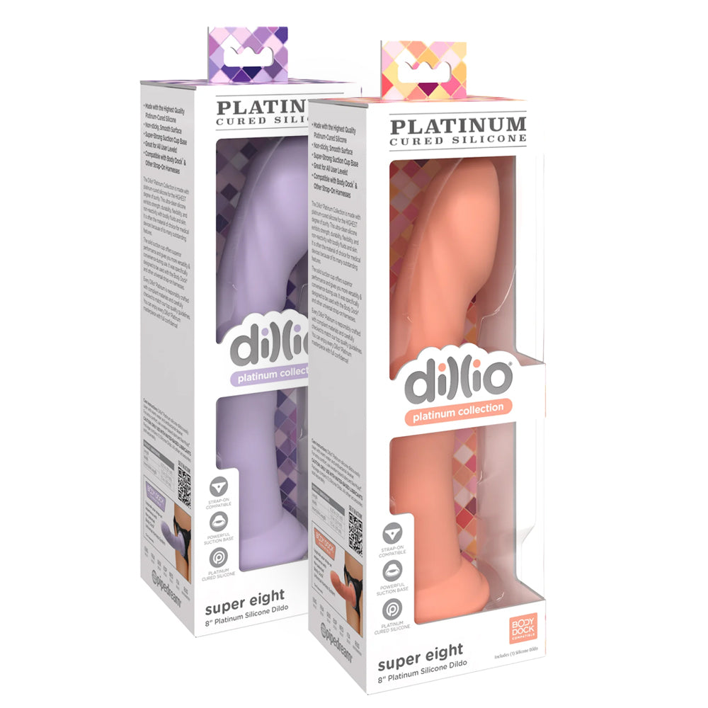 Dillio Super Eight 8" Ridged Platinum Cured Silicone Dildo has a ridged head for a satisfying pop upon insertion & similar ridges all the way down the shaft for more stimulation. Packages.