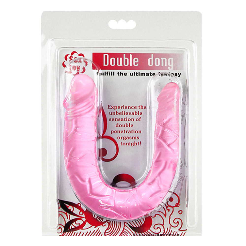 Double Dong - flexible horseshoe-shaped dildo is perfect for double penetration & has 2 differently sized ends. Pink. Package.