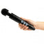 Doxy Die Cast's metal black rechargeable cordless wand vibrator in hand for scale. 