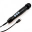 Doxy Die Cast's rechargeable metal black wand vibrator features its fast charging USB cord at the base.