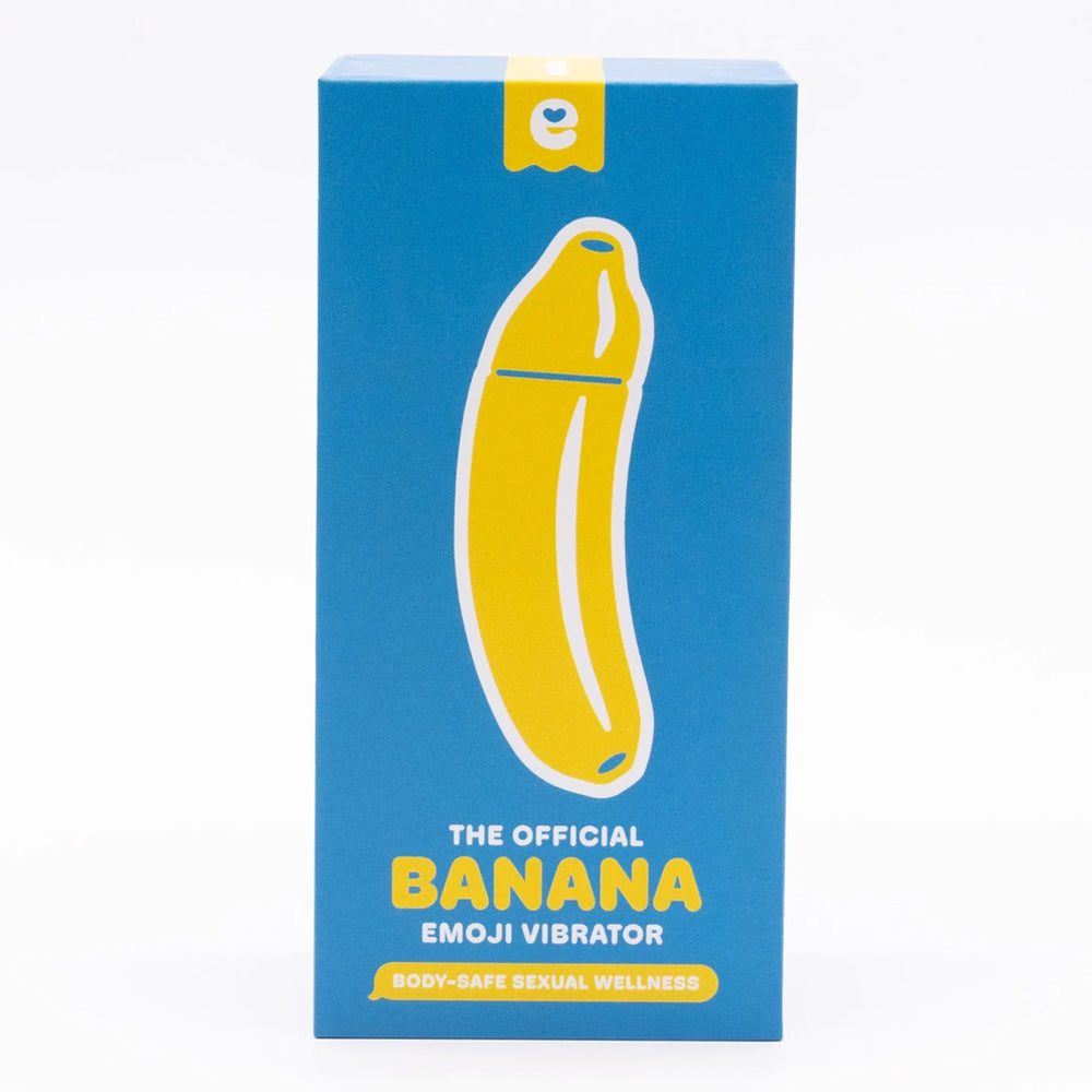 Emojibator Banana Emoji Curved Silicone Mini Vibrator has 10 vibration modes packed into a curved body shaped like a fun banana emoji to make me-time more appealing. Package.