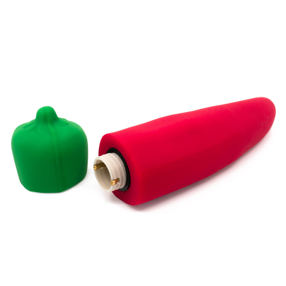Emojibator Chili Pepper Emoji Tapered Silicone Mini Vibrator has 10 vibration modes packed into a curved body shaped like a fun chili emoji to heat up your bedroom fun. Battery compartment.