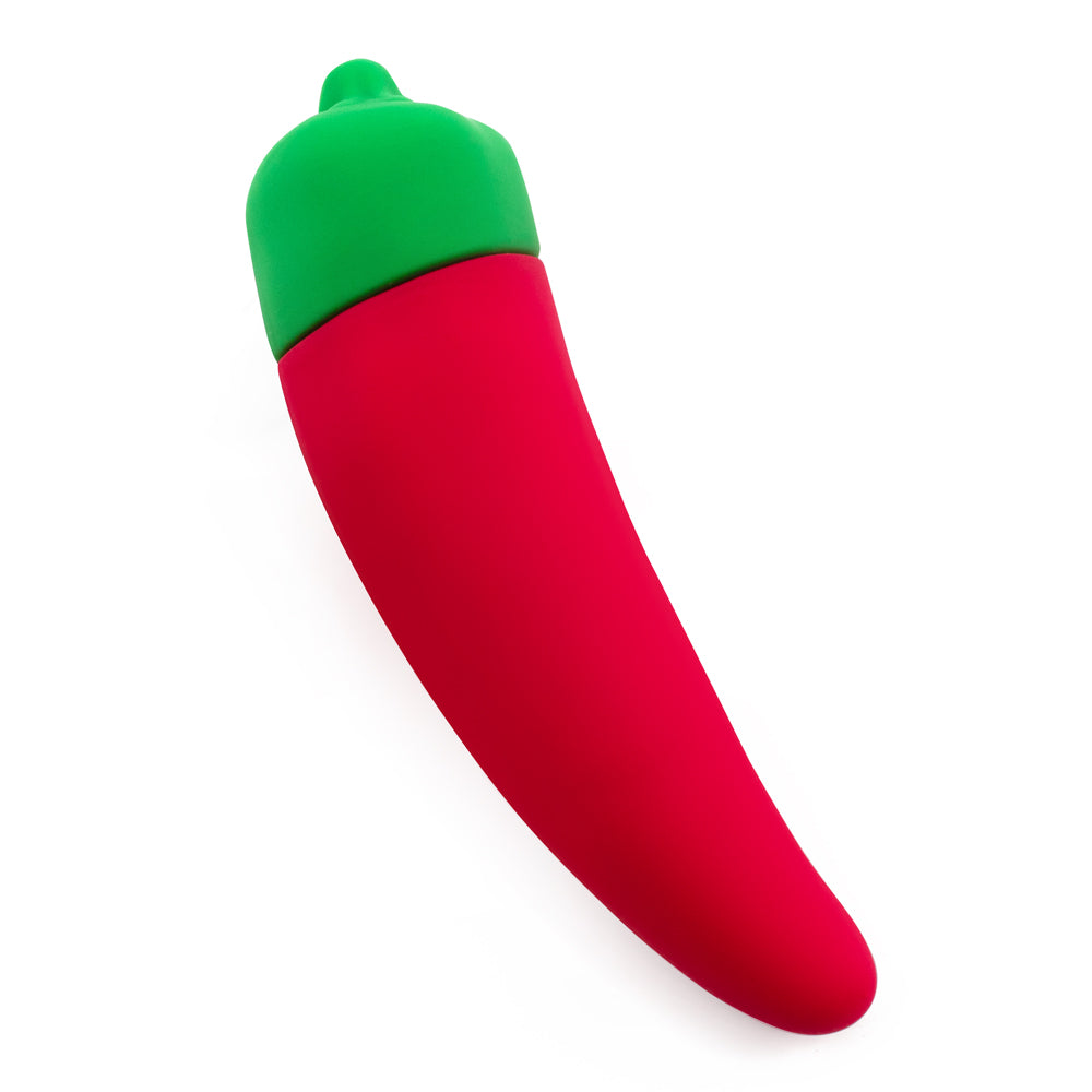 Emojibator Chili Pepper Emoji Tapered Silicone Mini Vibrator has 10 vibration modes packed into a curved body shaped like a fun chili emoji to heat up your bedroom fun. 