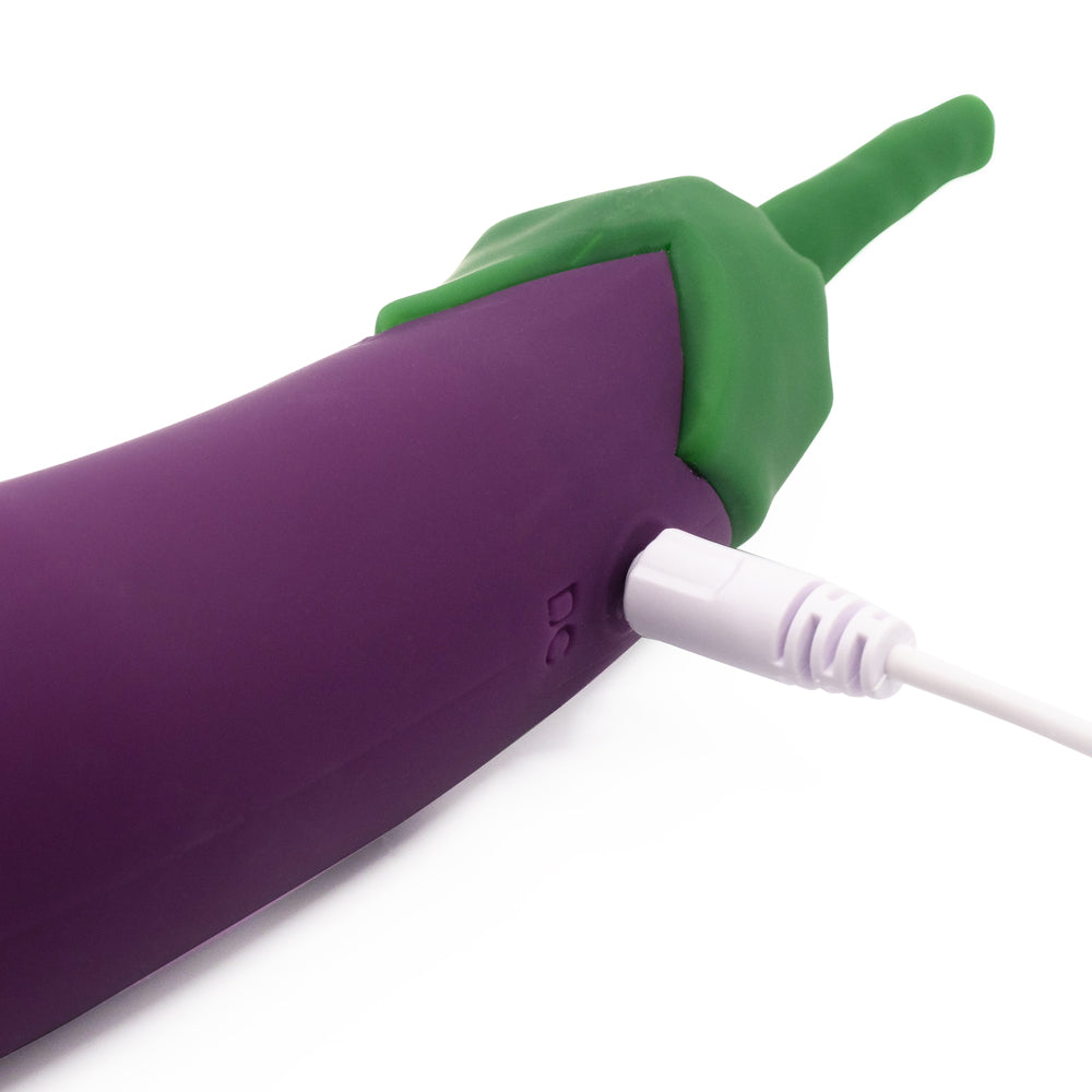 Emojibator Eggplant Emoji XL Rechargeable Silicone Vibrator has 10 vibration modes packed into a large bulbous body shaped like the iconic eggplant emoji to enhance self-pleasure. USB charging.