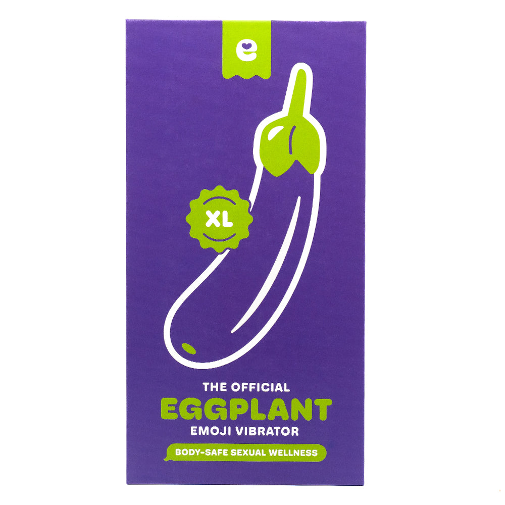 Emojibator Eggplant Emoji XL Rechargeable Silicone Vibrator has 10 vibration modes packed into a large bulbous body shaped like the iconic eggplant emoji to enhance self-pleasure. Package.