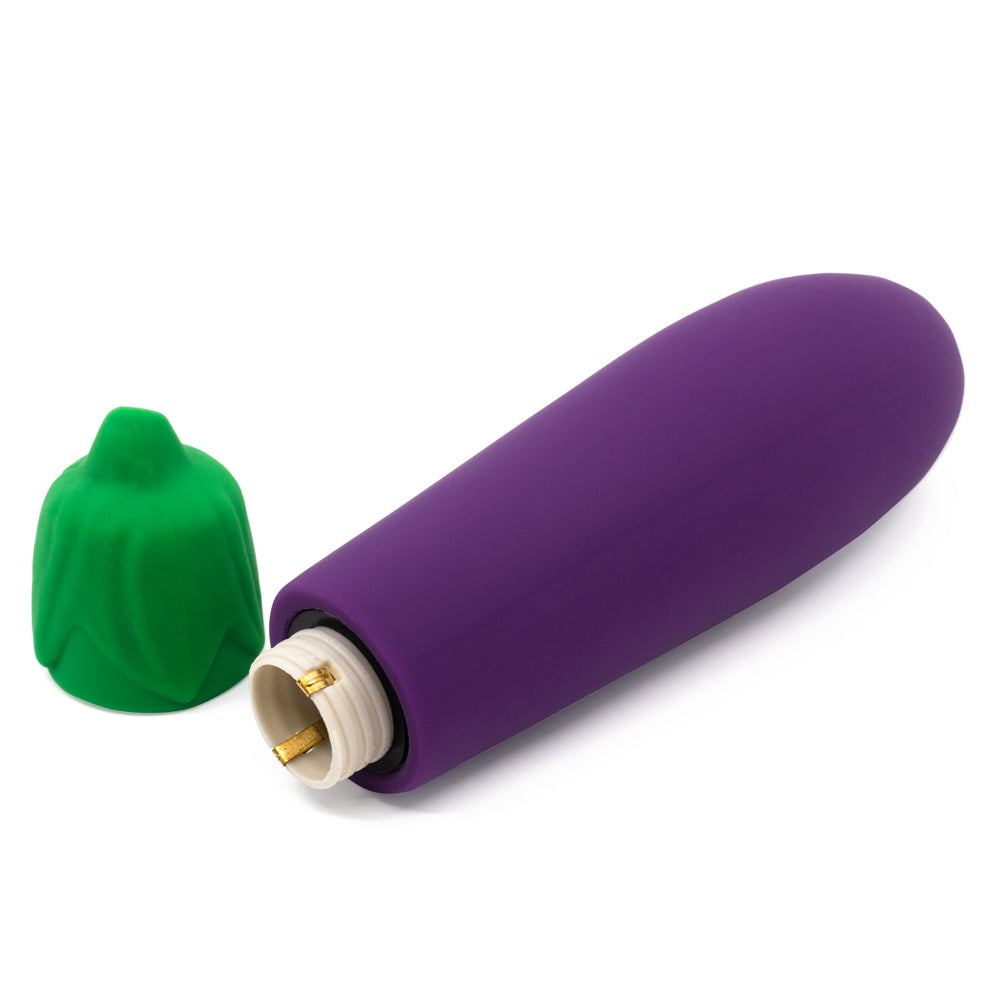 Emojibator Eggplant Emoji Silicone Mini Vibrator has 10 vibration modes packed into a bulbous body shaped like the iconic eggplant emoji to enhance self-pleasure. Battery compartment.