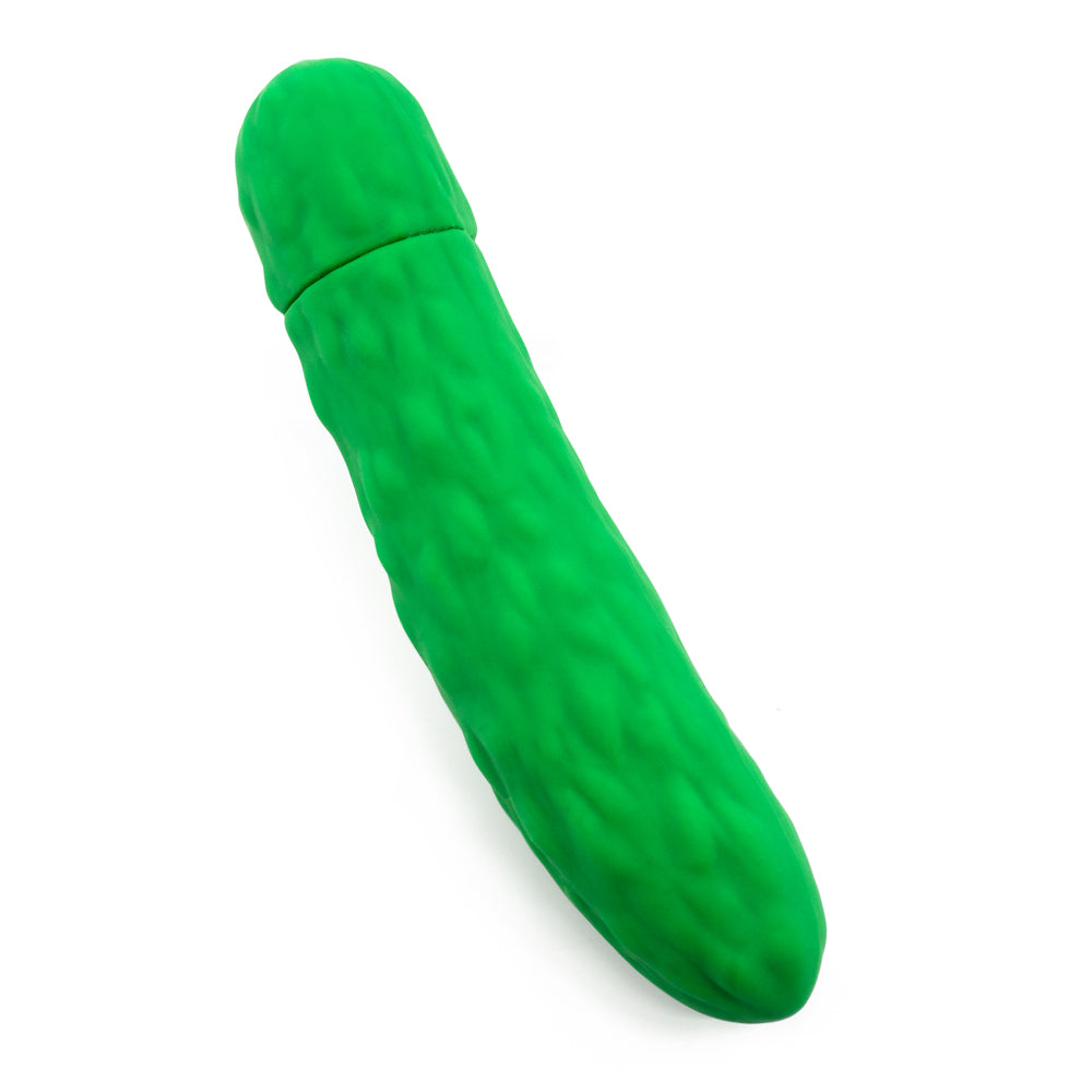  Emojibator Pickle Emoji Textured Silicone Mini Vibrator has 10 vibration modes packed into a pickle emoji-shaped body, complete w/ raised nubby textures for more stimulation.