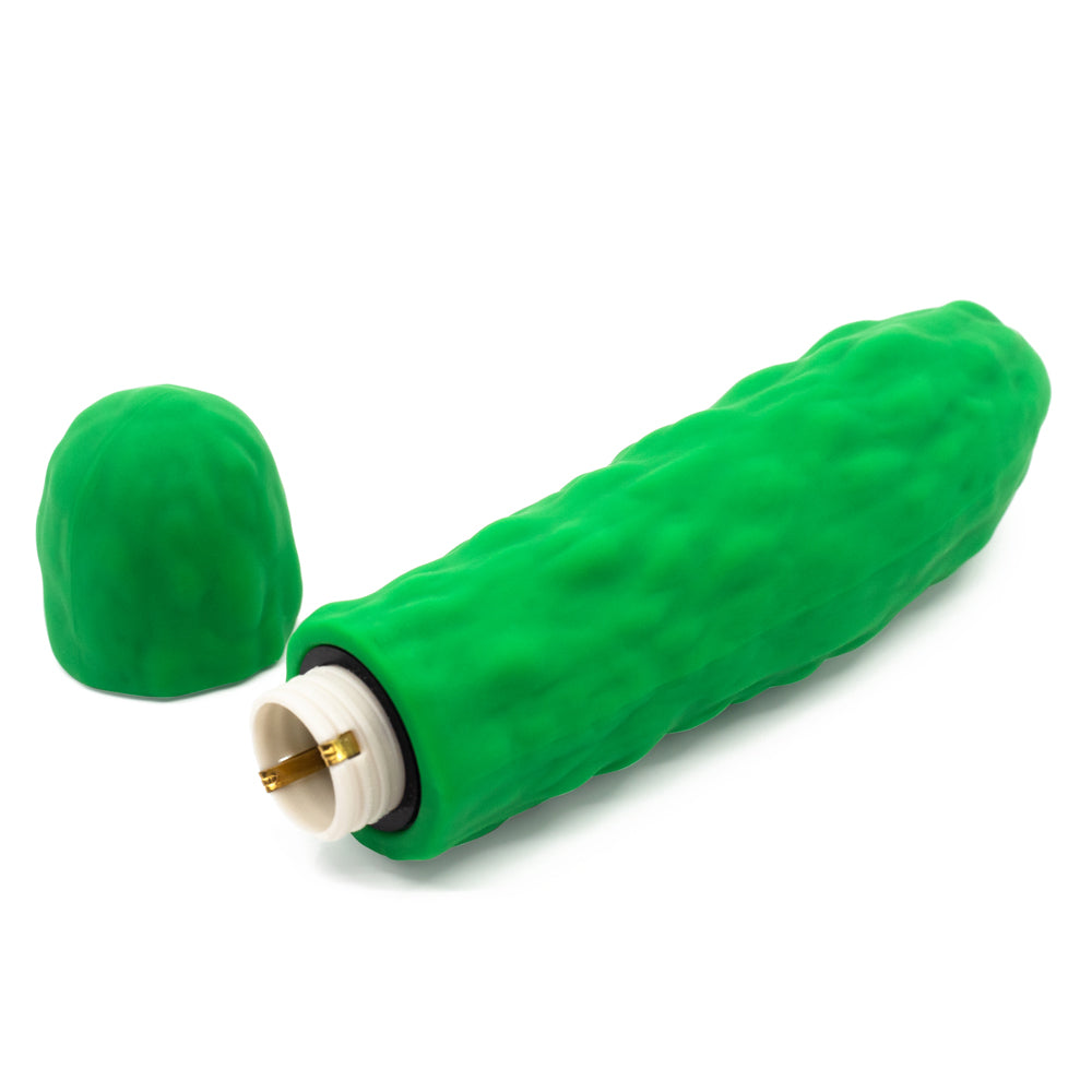 Emojibator Pickle Emoji Textured Silicone Mini Vibrator has 10 vibration modes packed into a pickle emoji-shaped body, complete w/ raised nubby textures for more stimulation. Battery compartment.