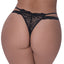 Exposed Ooh La Lace Cross Strap Split Crotch Tanga Panties for curvy women combine floral lace w/ strappy hip cutouts & a crotchless opening for instant fun. Black. (2)