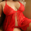 Fantasy Lingerie Late Night Serenade Babydoll & G-String has triangle-cut cups, an open front w/ front clasp & a crotchless thong in sheer red eyelash lace.