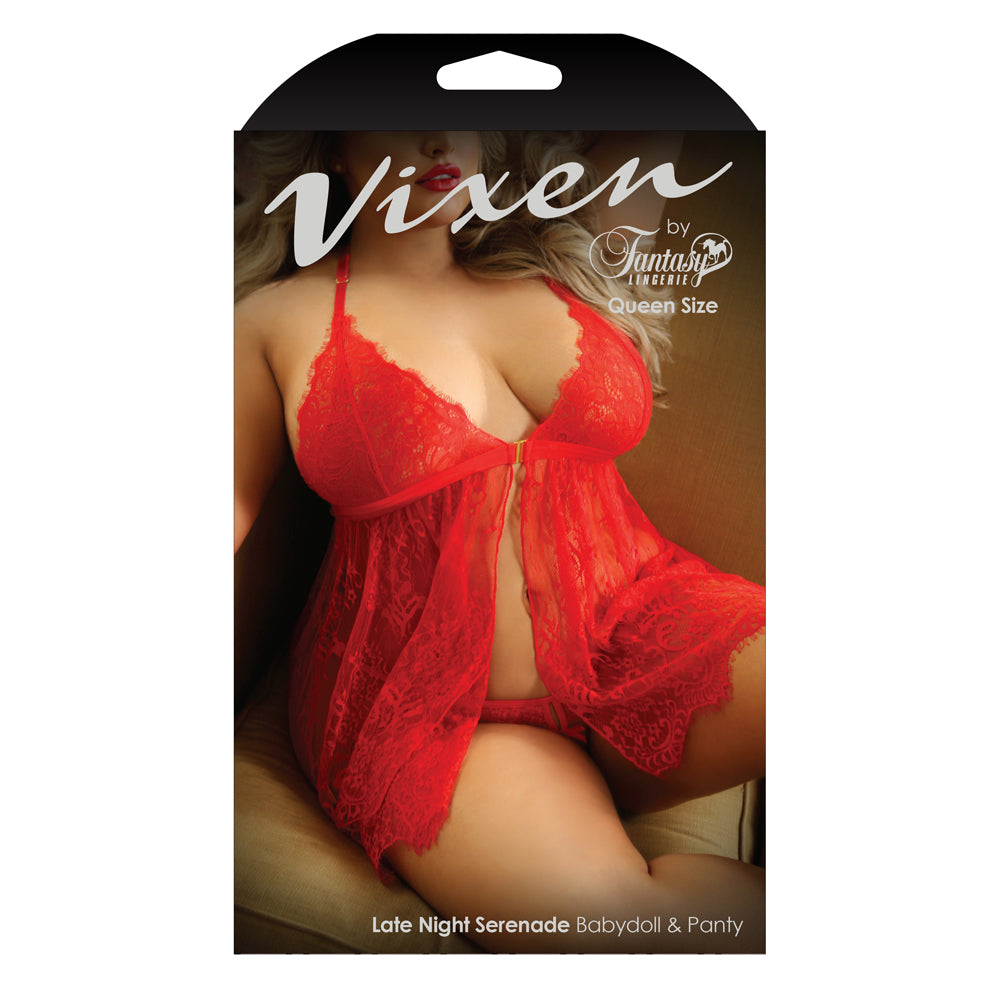 Fantasy Lingerie Late Night Serenade Babydoll & G-String has triangle-cut cups, an open front w/ front clasp & a crotchless thong in sheer red eyelash lace. Package.