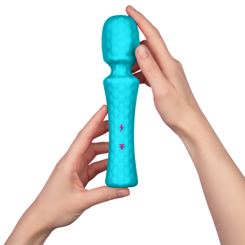  FemmeFunn Ultra Wand Vibrator XL has a comfy handle & flexible head w/ 10 vibration modes for earth-shattering pleasure that won't shatter your hand. Turquoise. On-hand.