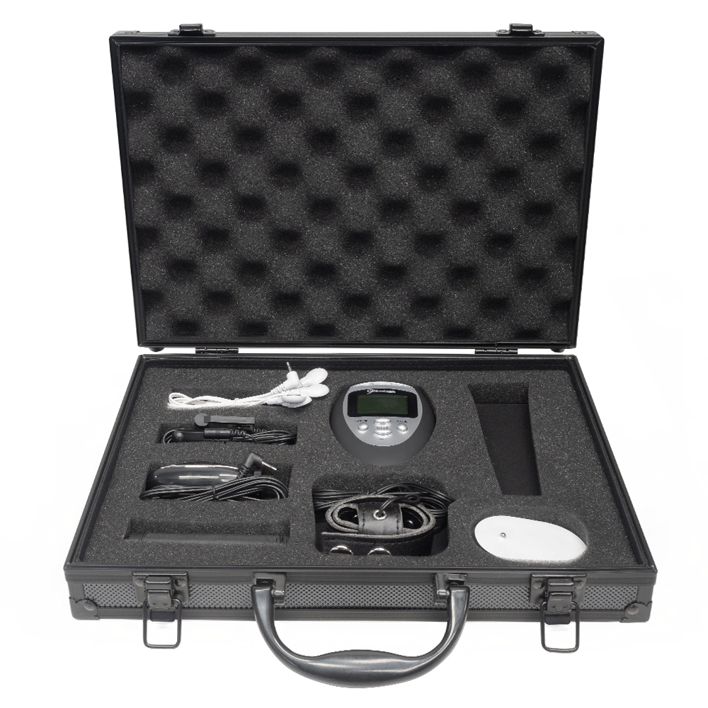  Fetish Fantasy Series Deluxe Shock Therapy Travel Kit delivers 3 modes of e-shock sensations at the push of a button & comes w/ nipple clamps, a leather cock ring, probe & more. Accessories.