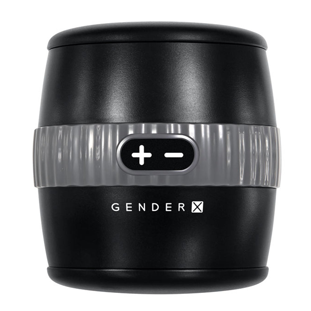 Gender X Barrel Of Fun Open-Ended Vibrating Masturbator has a snug, textured interior & is compact enough for a partner to join in the fun orally.