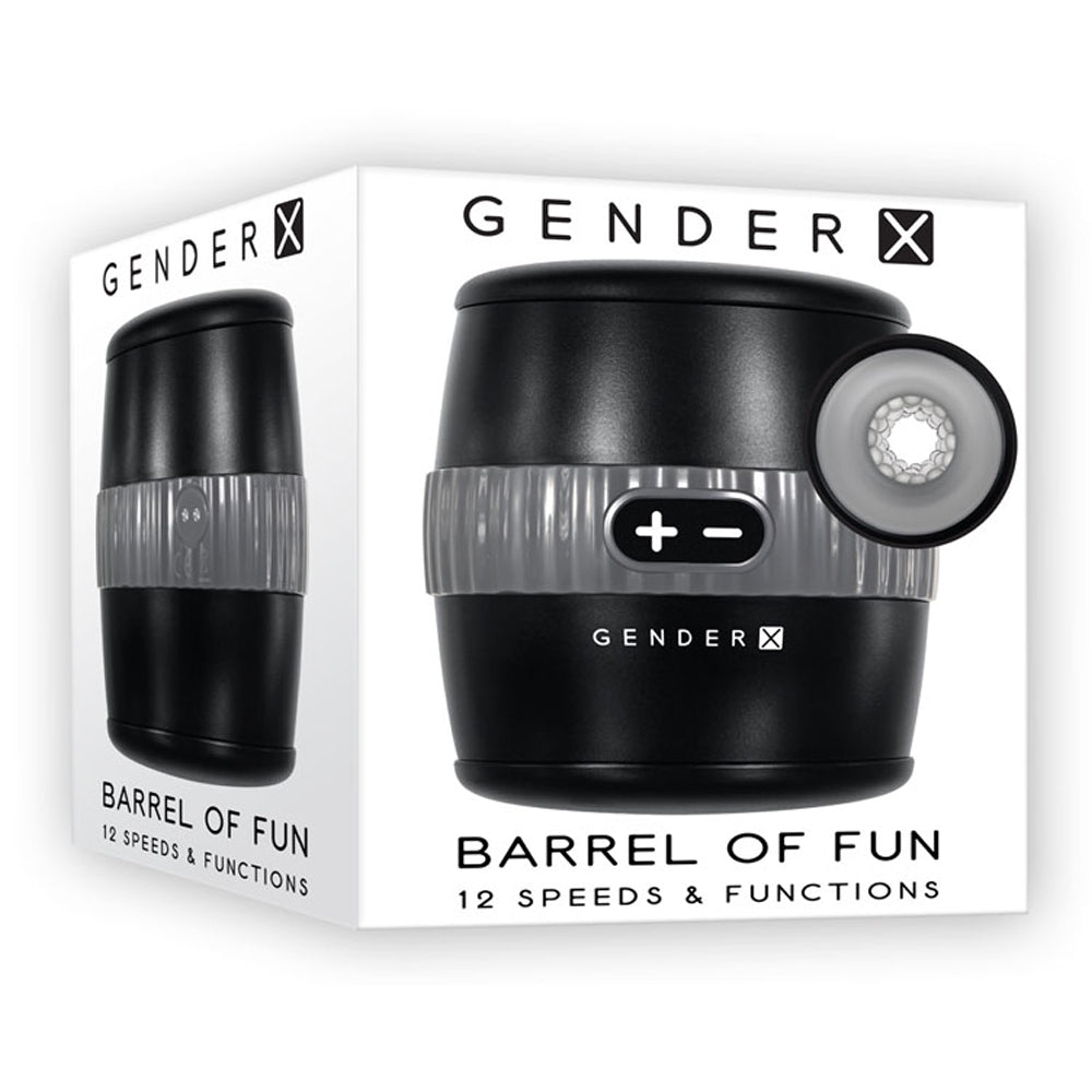 Gender X Barrel Of Fun Open-Ended Vibrating Masturbator has a snug, textured interior & is compact enough for a partner to join in the fun orally. Package.