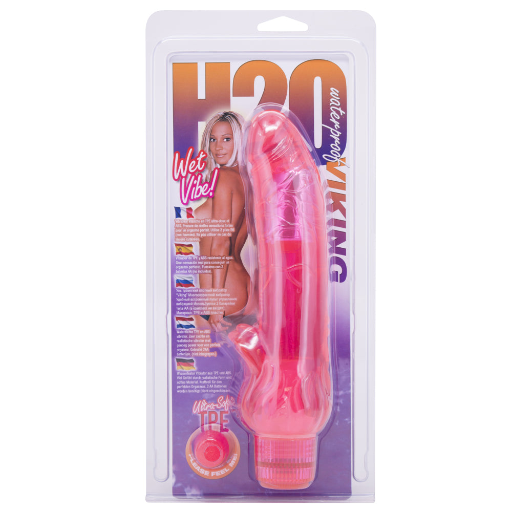  H2O Viking Waterproof Vibrator is a straight waterproof vibrator, perfect for fun in bed, shower, or bath. Has variable multi-speed vibrations in a realistic phallic design. Package.