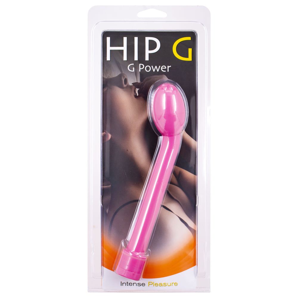 The Hip G Power is a lightweight angled G-spot vibrator that is waterproof and targets your sensitive G-spot specifically. Pink. Package. 
