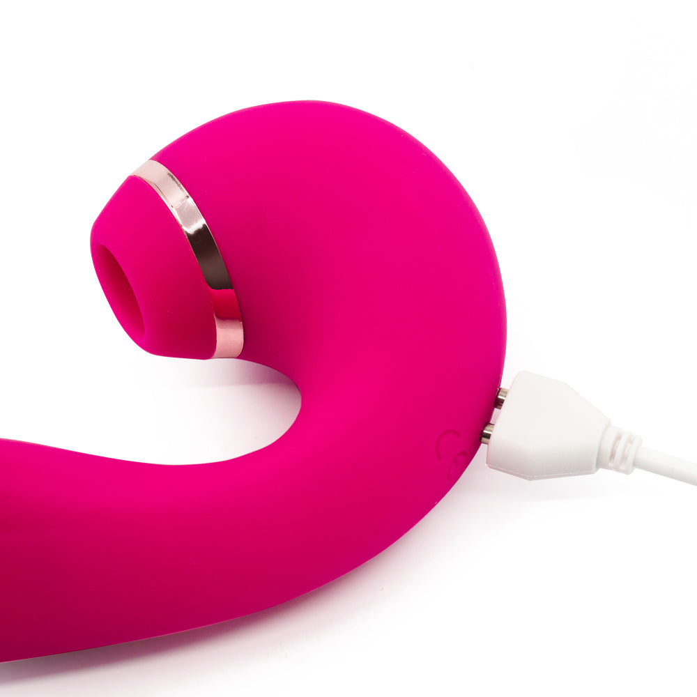  Inya Symphony Clitoral Suction & Come-Hither G-Spot Vibrator has 3 independent motors & control buttons for come-hither G-spot stroking, internal vibrations & clitoral air pulse suction. Pink. Magnetic charging.