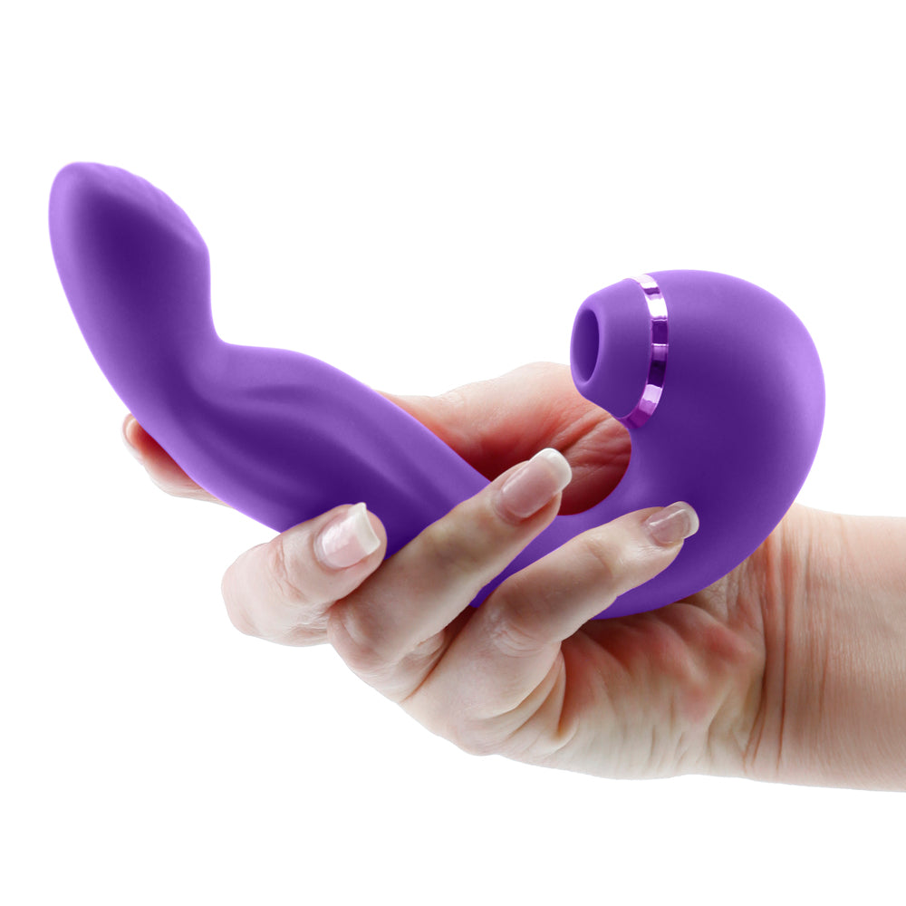  Inya Symphony Clitoral Suction & Come-Hither G-Spot Vibrator has 3 independent motors & control buttons for come-hither G-spot stroking, internal vibrations & clitoral air pulse suction. Purple. On-hand.