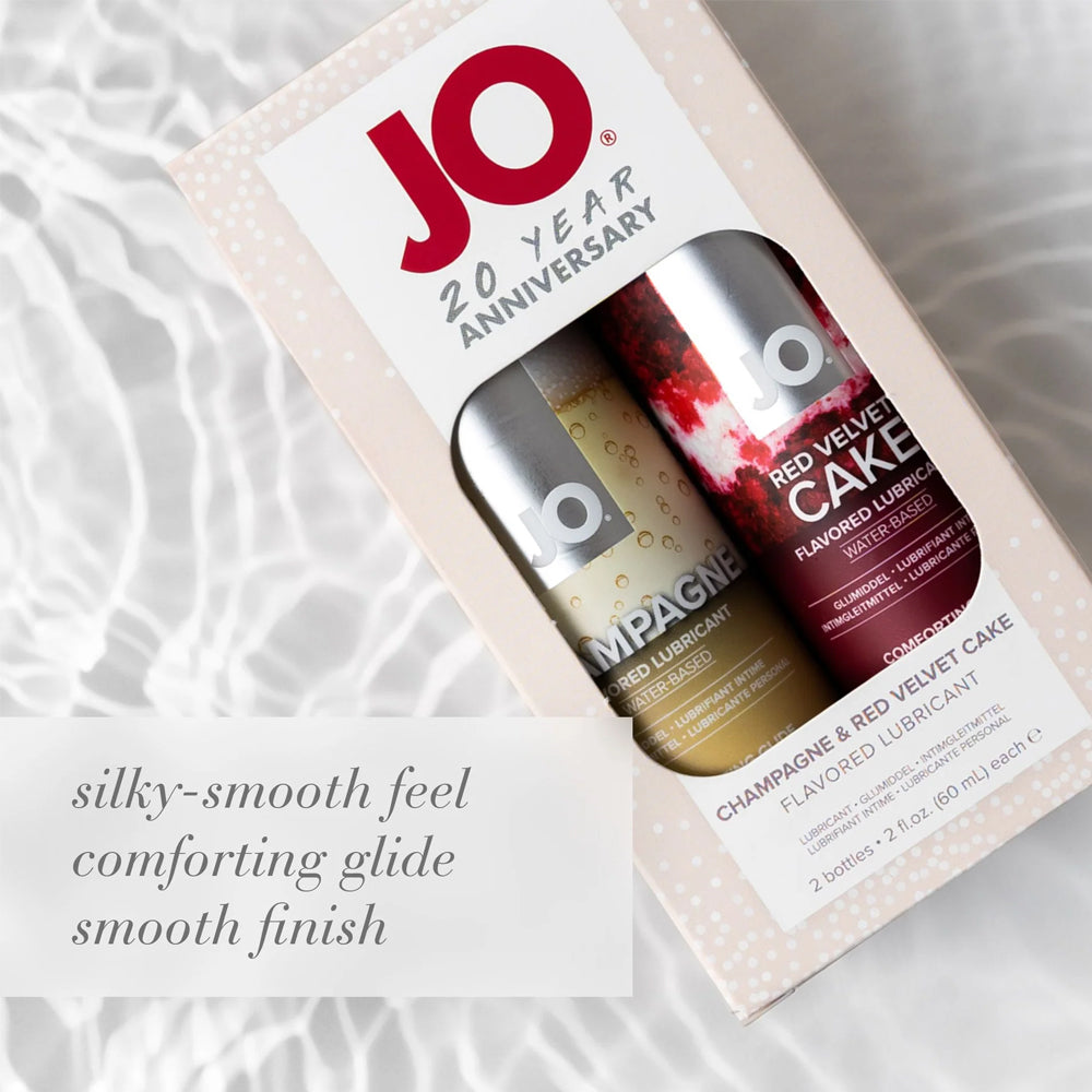 JO Champagne & Red Velvet Cake Flavoured Lubricant 2-Pack includes 2x 60ml tubes of JO H2O Champagne & Red Velvet Cake flavoured lubricants to celebrate your special occasions. Features.