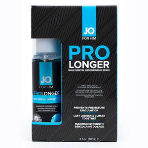  JO For Him - ProLonger Desensitizing Spray uses 7.5% benzocaine to decrease penis sensitivity + prevent premature ejaculation & is safe for oral & anal play. Package.