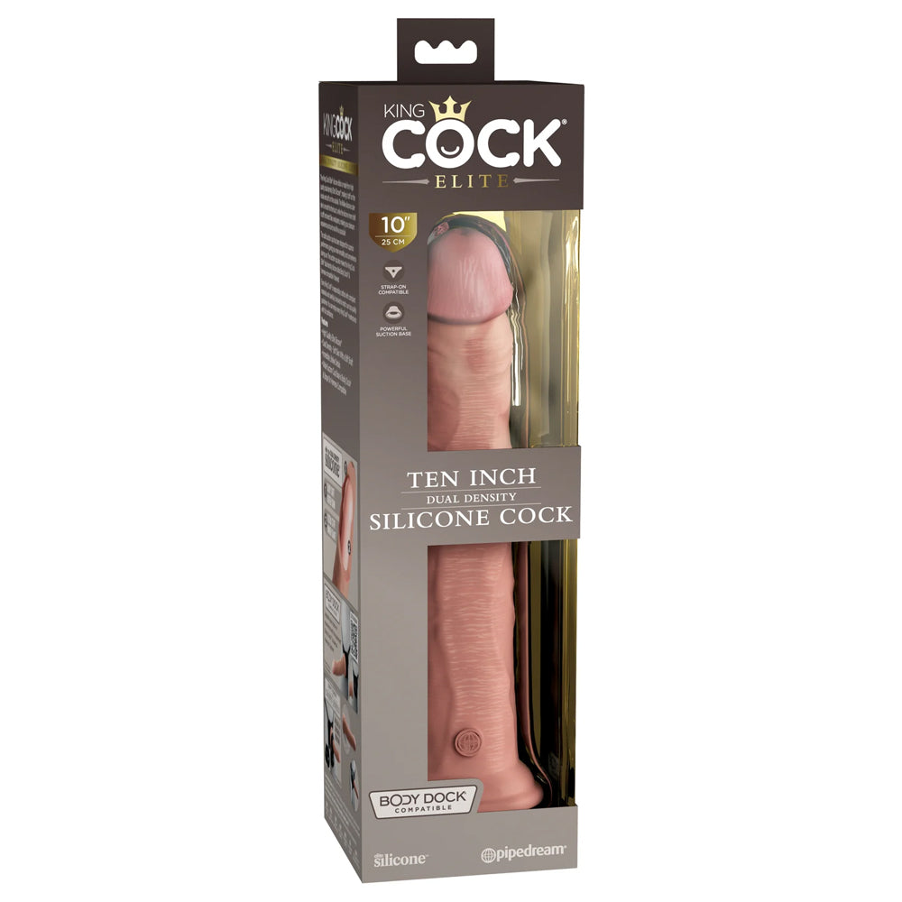 King Cock Elite 10" Dual Density Silicone Dildo With Suction Cup has a firm inner core, soft skin-like outer & a redesigned suction cup that's stronger than ever. Package.