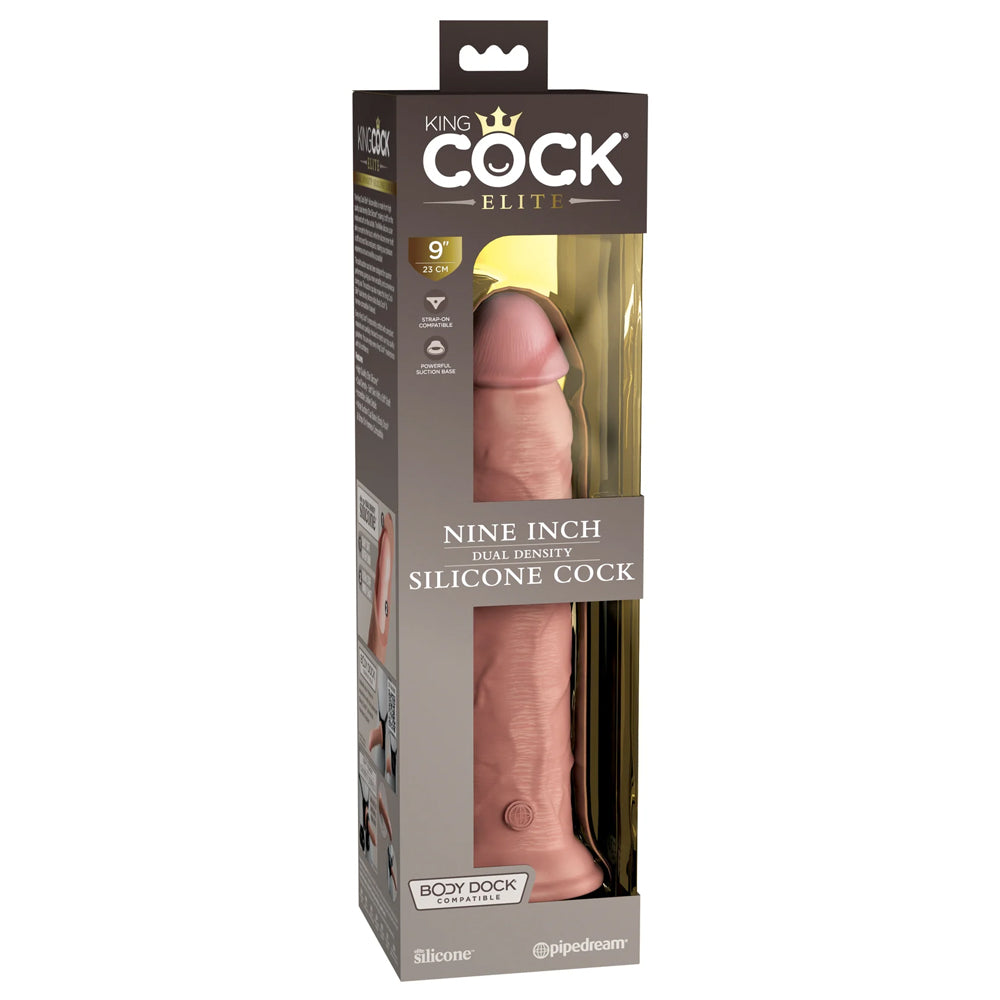 King Cock Elite 9" Dual Density Silicone Dildo With Suction Cup is made w/ dual-layered silicone w/ a firm core covered by a skin-like outer & a stronger suction cup than ever. Package.
