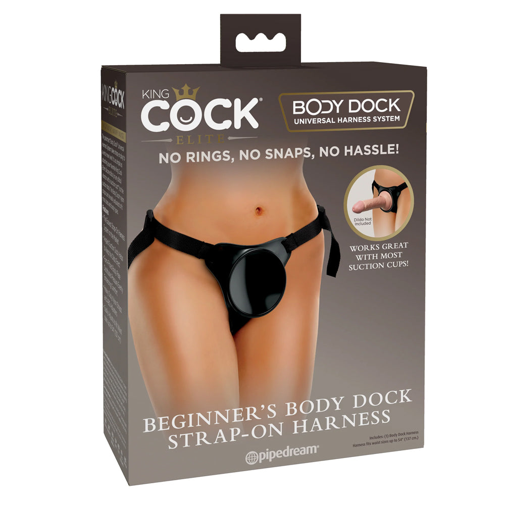 King Cock Elite Beginner's Body Dock Suction Cup Strap-On Harness works w/ suction-cupped dildos in a push & play design for the easiest strap-on play ever. Package.