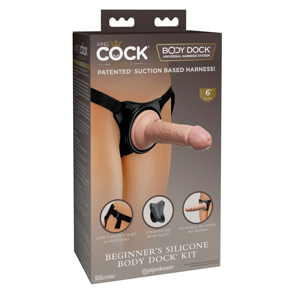 King Cock Elite Beginner's Silicone Body Dock Harness & 6" Dildo Kit works w/ suction-cupped dildos & includes a 6" dual-density dildo for beginners to get started straight away. Package.