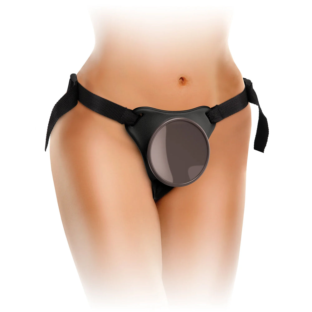 King Cock Elite Comfy Body Dock Suction Cup Strap-On Harness works w/ suction-cupped dildos in a push & play design & is easy to put on w/ quick-release buckles. On plus size model.