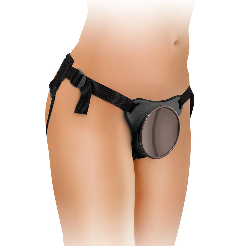  King Cock Elite Comfy Body Dock Suction Cup Strap-On Harness works w/ suction-cupped dildos in a push & play design & is easy to put on w/ quick-release buckles. On normal size model.