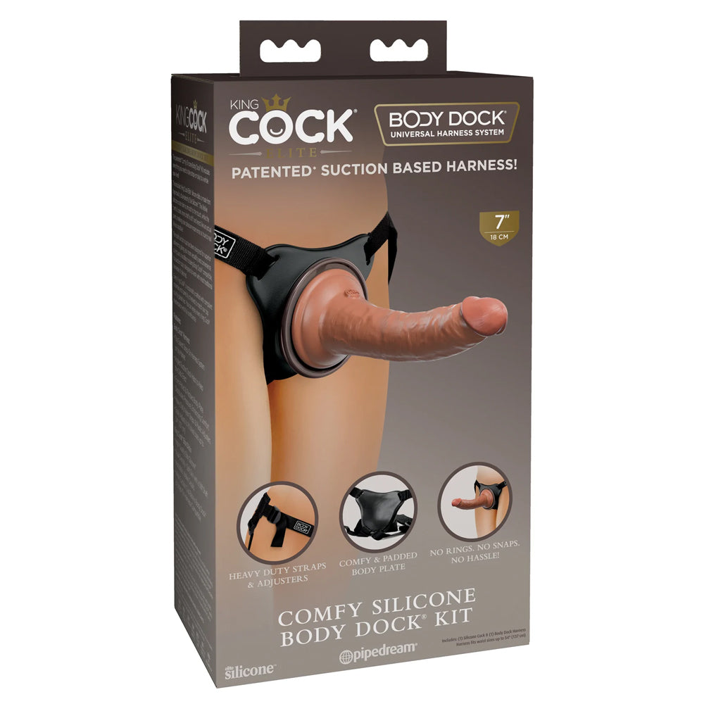 Products King Cock Elite Comfy Silicone Body Dock Harness & 7" Dildo Kit works w/ suction-cupped dildos & comes w/ a 7" dual-density dildo. Package.