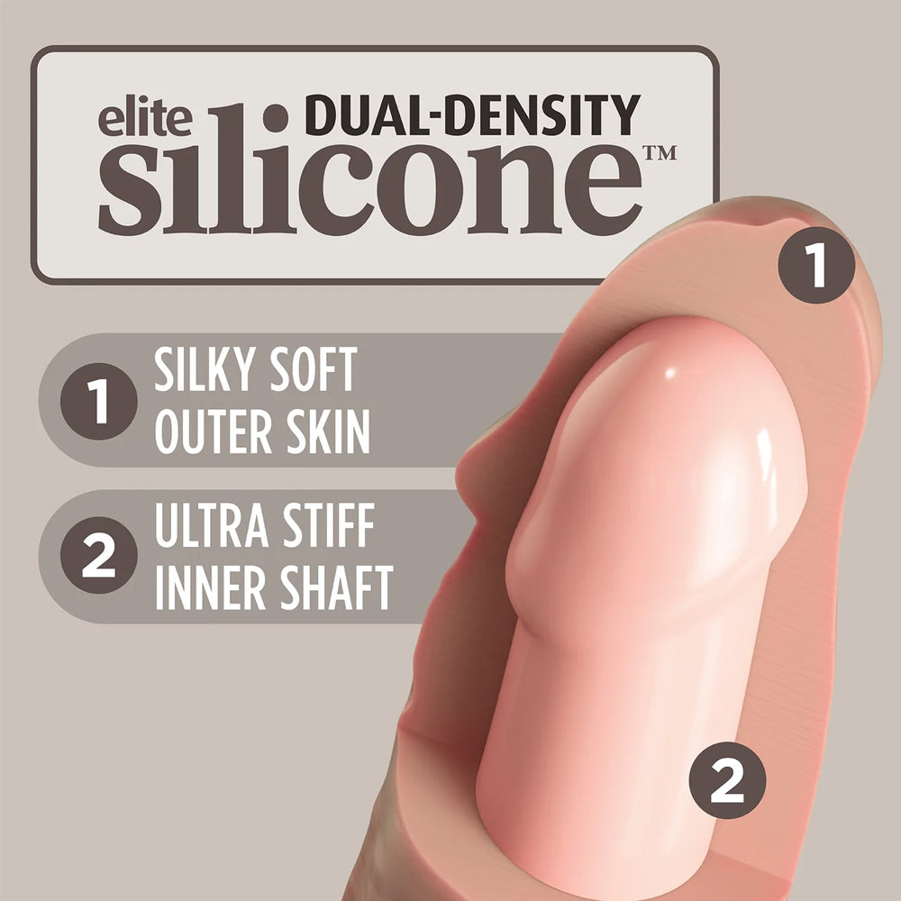 King Cock Elite Deluxe Silicone Body Dock Kit With Vibrating Balls includes a push & play strap-on harness, an 8" dual-density dildo & vibrating swinging balls for irresistible slapping sensations. Dildo features.