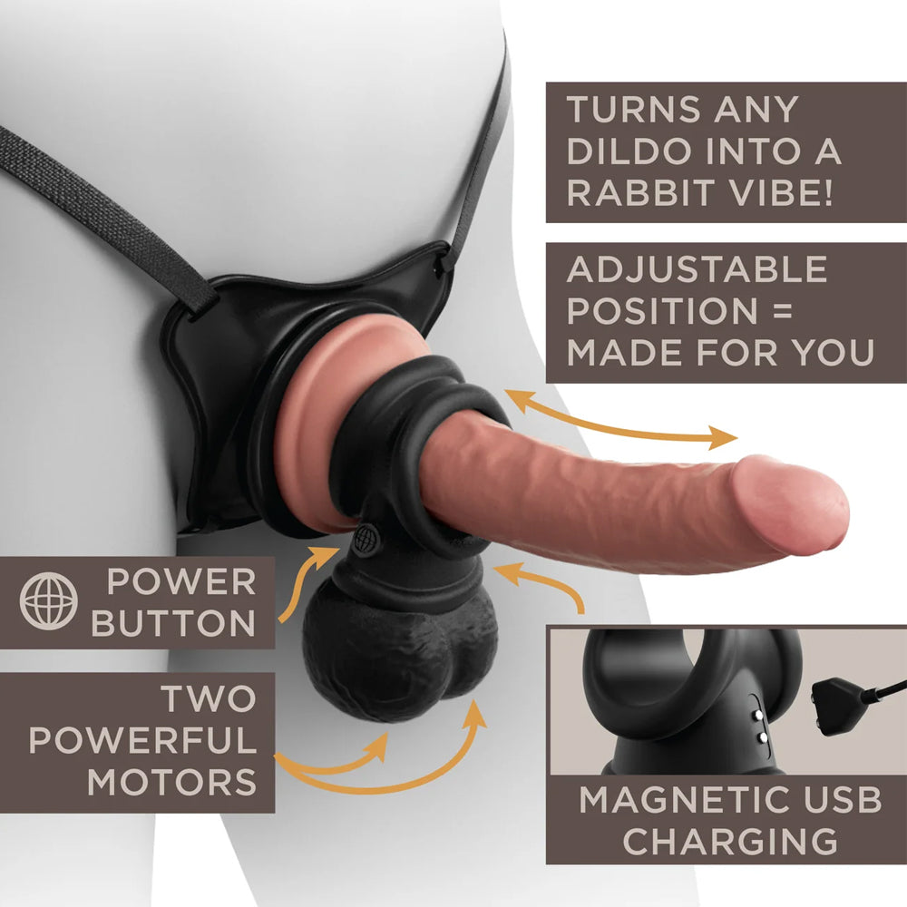 King Cock Elite Ultimate Vibrating Silicone Body Dock Strap-On Kit includes a push & play strap-on harness, a vibrating 7" dual-density dildo & vibrating swinging balls for irresistible slapping sensations. Features.